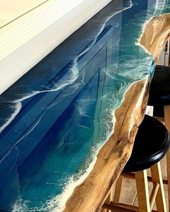 36x18" Handmade Epoxy Resin Bar Top | Rustic Wood Bar Counter | "Ocean Wave"  - Picture 1 of 7