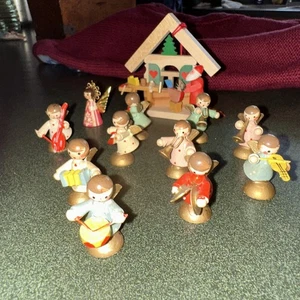 12 Pcs FERI ITALY BAND ANGELS  CHOIR Horns, Drums, Fiddle Etc. WOODEN MINIATURES - Picture 1 of 9