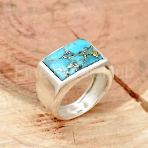 Blue Copper Turquoise Ring, 925 Sterling Silver Ring Handmade Men's Ring - Picture 1 of 4