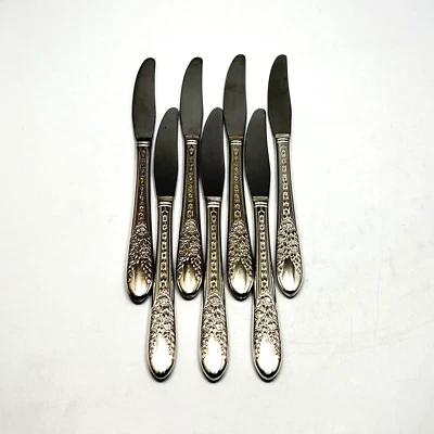 Juego de 7 cuchillos de cena National Silver Rose and Leaf plato de plata Foto 1 de 4