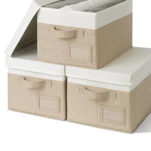 Space-Saving Khaki & Ivory Linen Storage Boxes for Clothes & Home Organization - Picture 1 of 9