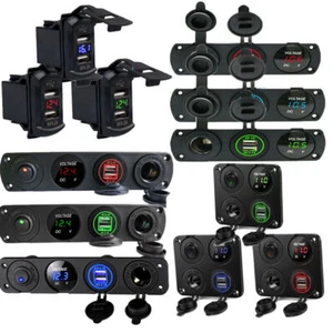 RV Car Marine Boat Panel Dual USB Socket Charger+LED Voltmeter+Power Outlet 12V - Picture 1 of 36