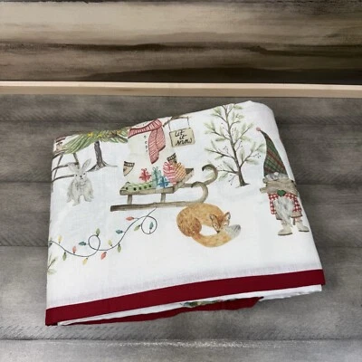 Pottery Barn Forest Gnome Cotton Linen Rectangular Tablecloth 70”x126” NWOT - Image 1 of 4