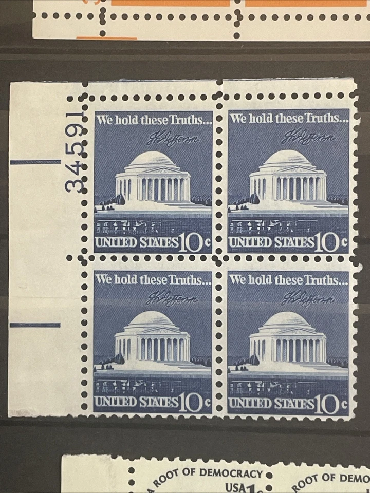 Scott # 1510 Jefferson Memorial 10 cent Stamp, MNH Plate Block 4 - Image 1 of 1