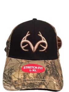 Cappello berretto Realtree logo mimetico nero cervo rack elasticizzato vestibilità schiena tinta unita L-XL nuovo con etichette - Foto 1 di 12