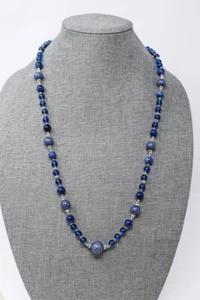 Blue Glass silver tone bead necklace blue art glass beads lobster clasp 30" long - Picture 1 of 5