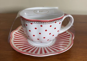 Grace Teegeschirr rot gepunktet und Streifen Tee/Kaffeetasse und Untertasse brandneu - Bild 1 von 9
