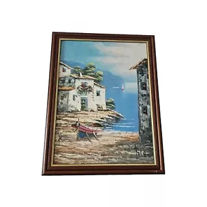 Dipinto ad olio villaggio mediterraneo a bordo incorniciato senza vetro, firmato da artista - Foto 1 di 9