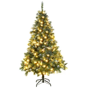 Snow Flocked Fake Christmas Tree 6Ft Lighted Christmas Tree with Pine Cones - Picture 1 of 12