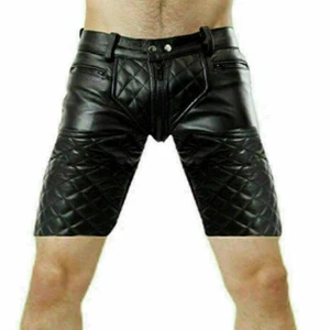 Mens Real Cowhide Leather Short Slim Fit Quilted Clubwear Leisure Bondage Fetish - Picture 1 of 3