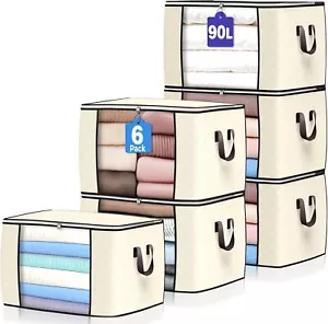 90 L Large Storage Bags, 6 Pack Clothes Storage Bins Foldable Closet Organizers - Picture 1 of 13