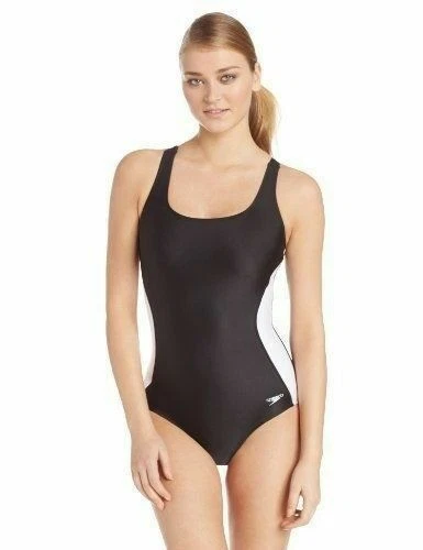 Speedo Women's Powerflex Illusion Splice Ultraback Swimsuit Black/White 6