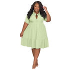 New Stylish Plus Size Women Buttons Short Sleeves Solid Casual Midi Dress Cute