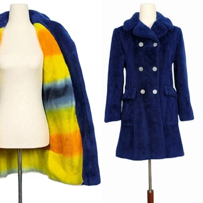 1960s Vintage Coat 60s Mod Soft Plush Faux Fur Dark Blue Yellow Orange Size XS/S - Image 1 of 4