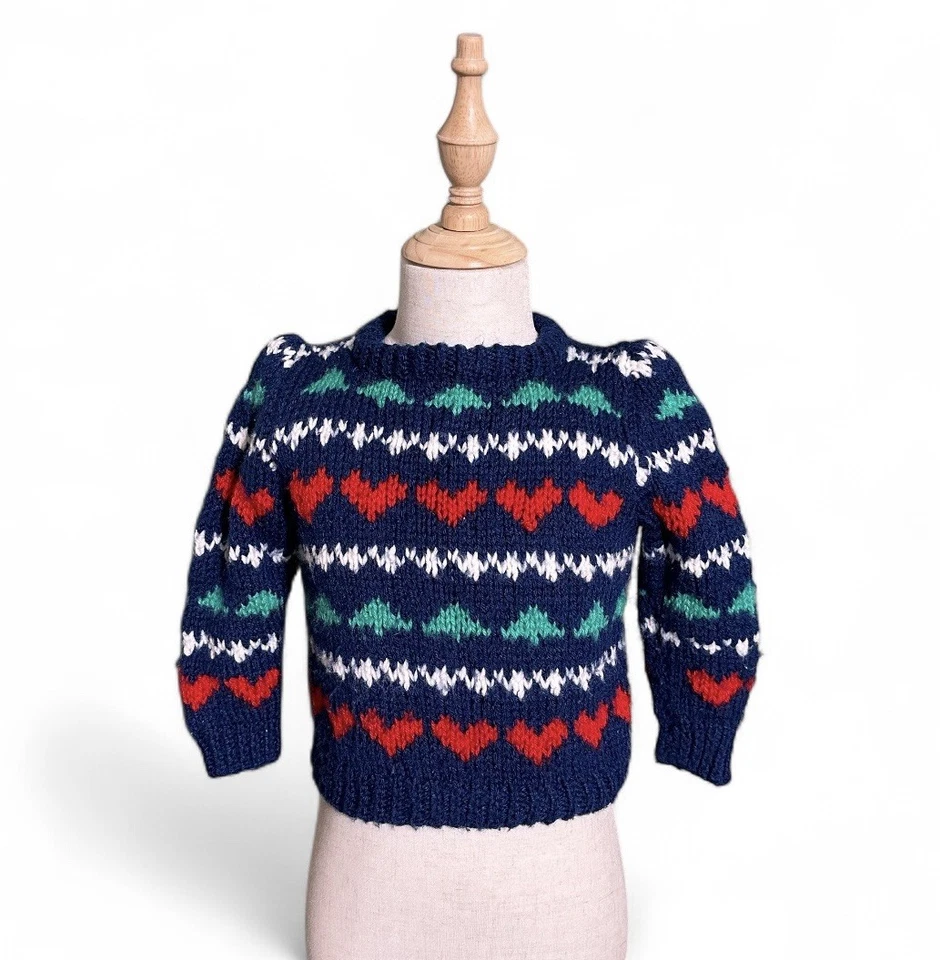 Suéter vintage tejido a mano niña talla 5-6 corazones rojos azul marino hecho a mano Foto 1 de 3