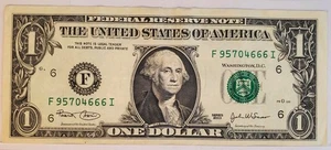 Vintage 2003 LUCKY 666 $1 One Dollar Bill Fancy Serial Number F95704666I - Picture 1 of 2