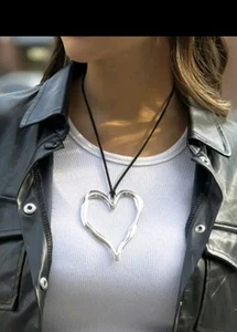 Exaggerated silvery Large Heart Pendant Necklace with cord chain. - Picture 1 of 3