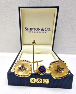 Shipton & Co Gemelos Masónicos Pin de Corbata y Juego de Tachuelas de Corbata En Caja Dorado Azul Esmalte - Imagen 1 de 10