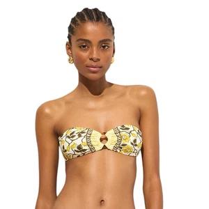 J Crew Yellow O-ring Bandeau Bikini Top in Daffodil Daze Block Print Women Sz L - Picture 1 of 9