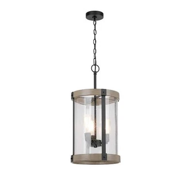 3-Light Rustic Farmhouse Outdoor Hanging Pendant Black Gray Wood Clear Glass - Image 1 of 4