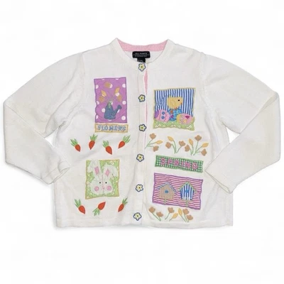 Винтажный кардиган с пасхальным кроликом 90-х свитер белый вышитый пастель размер большой - Изображение 1 из 4