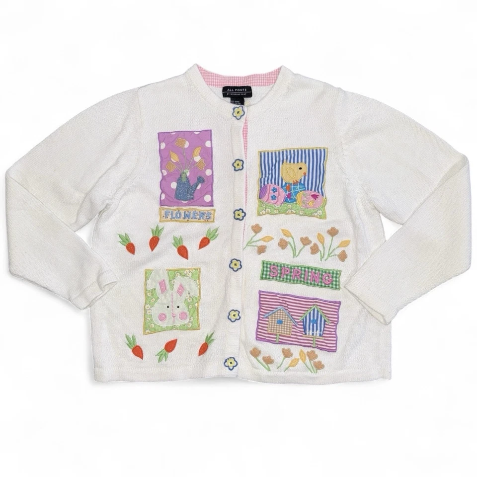Винтажный кардиган с пасхальным кроликом 90-х свитер белый вышитый пастель размер большой - Изображение 1 из 4