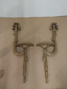 Vintage RIBBON BOW TASSEL Gold Gilt Wall Sconce Shelf PAIR Palm Beach Chic 24” - Picture 1 of 5