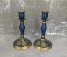 Vintage Brass & Enamel Candlestick Holders Floral Design Blue Candle Holders