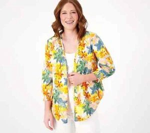 Denim & Co. Cardigan aperto in jersey preferito stampato con nido d'ape smocking L A602899 - Foto 1 di 2