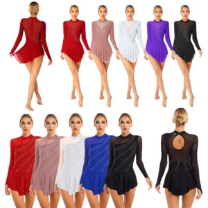 Womens Ice Skating Outfit Glitter Rhinestone Irregular Hem Competition Costumes - Picture 1 of 108