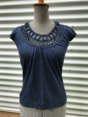 Topshop petites blue fine knitted cap sleeve top work crochet neckline size 10 - Image 1 of 4