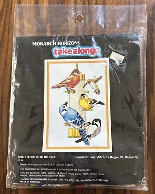 VINTAGE MONARCH HORIZONS #CS35 BIRD FEEDER W/BLUEJAY COUNTED CROSS STITCH - Image 1 of 2