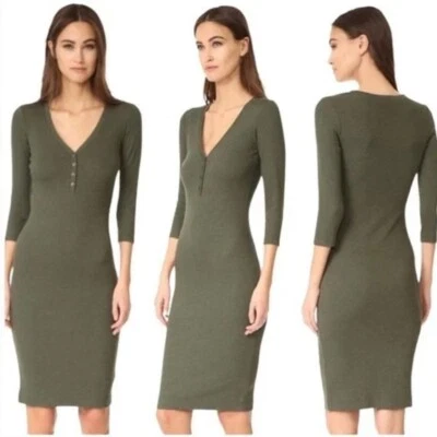 L’Agence Aurora Ribbed Heathered Olive Green 3/4 Sleeve Henley Midi Dress small - Image 1 of 4