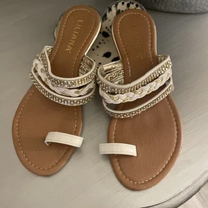 Liliana Toe Sling Leather Sandals Size 8.5 M Slide White with Rhinestones & Gold - Picture 1 of 8