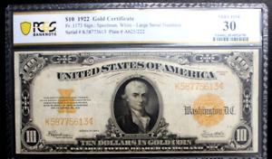 1922 $10 Gold Certificate, Fr # 1173 PCGS 30 VERY FINE SPEELMAN WHITE LARGE #S