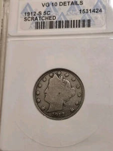 1912-S 5C Liberty Nickel. ANACS VG-10 Details. RARE DATE!!! older Slab - Picture 1 of 7