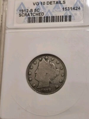 1912-S 5C Liberty Nickel. ANACS VG-10 Details. RARE DATE!!! older Slab - Image 1 of 4