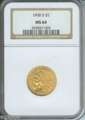 1908-D $5 INDIAN HALF EAGLE NGC MS64 MS-64 BETTER DATE Near GEM Older Holder ! - Image 1 of 2