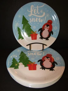 Gibson Home LET IT SNOW Set of 7 MELAMINE 10.5" PLATES Penguin PRESENT Snowman - Picture 1 of 9