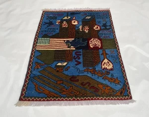 Alfombra hecha a mano 80x62 cm 9/11 torres gemelas alfombra de guerra afgana artesanía alfombra de guerra #357 - Imagen 1 de 11