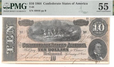 T-68 1864 $10 Confederate States of America Genuine Civil War Money PMG AU55 CSA - Image 1 of 4