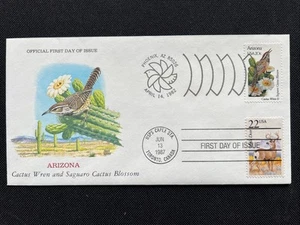 Wildlife Arizona FDC Dual Postmark Cactus Wren (1982) Mule Deer (1987) - Picture 1 of 2