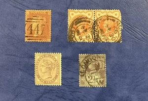 Estampillas de Gran Bretaña Victoria #89 (sin usar H) #111, 114, centavo rojo (usadas) - Imagen 1 de 2