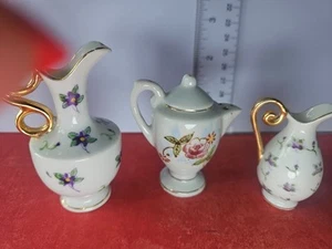 Vintage Miniature Porcelain Pitchers & Teapot Set Japan Floral Gold Trim - Picture 1 of 6