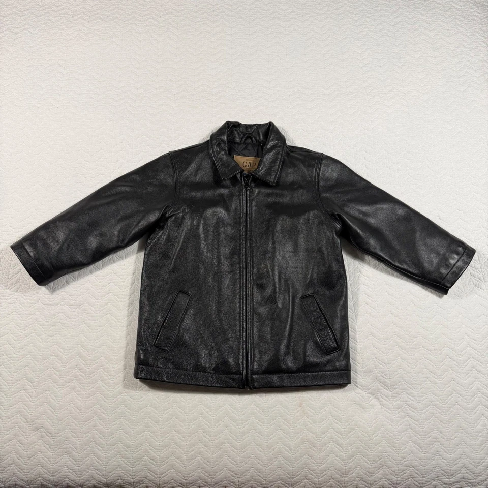 Gap Kids Black Fine Leather Jacket Collared Zip Front Boys Girls Size XS Y2K - Image 1 of 4