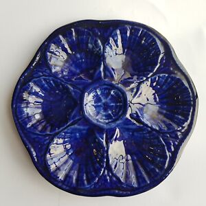 Antique French Sarreguemines Cobalt blue glazed ceramic oyster plate 23cm France