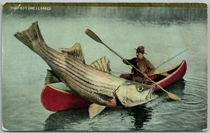 FISHING EXAGGERATED ANTIQUE POSTCARD FIRST ONE I LANDED - Imagen 1 de 2
