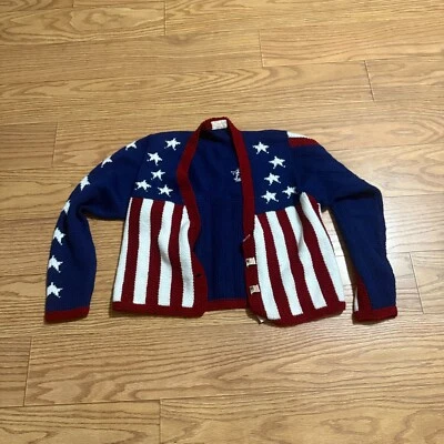Cárdigan suéter vintage hecho a mano tejido a mano bandera americana usado en excelente estado pequeño Foto 1 de 4