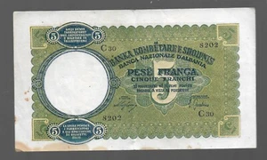 1939-44 Albania Albanian Paper Money, 5FR Italy & Germany Occupation. R - Picture 1 of 2