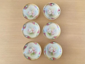 Antique Set of 6 RS Germany Berry Nappy Dish Nut Bowl Large Pink Roses Gold RARE - Picture 1 of 6